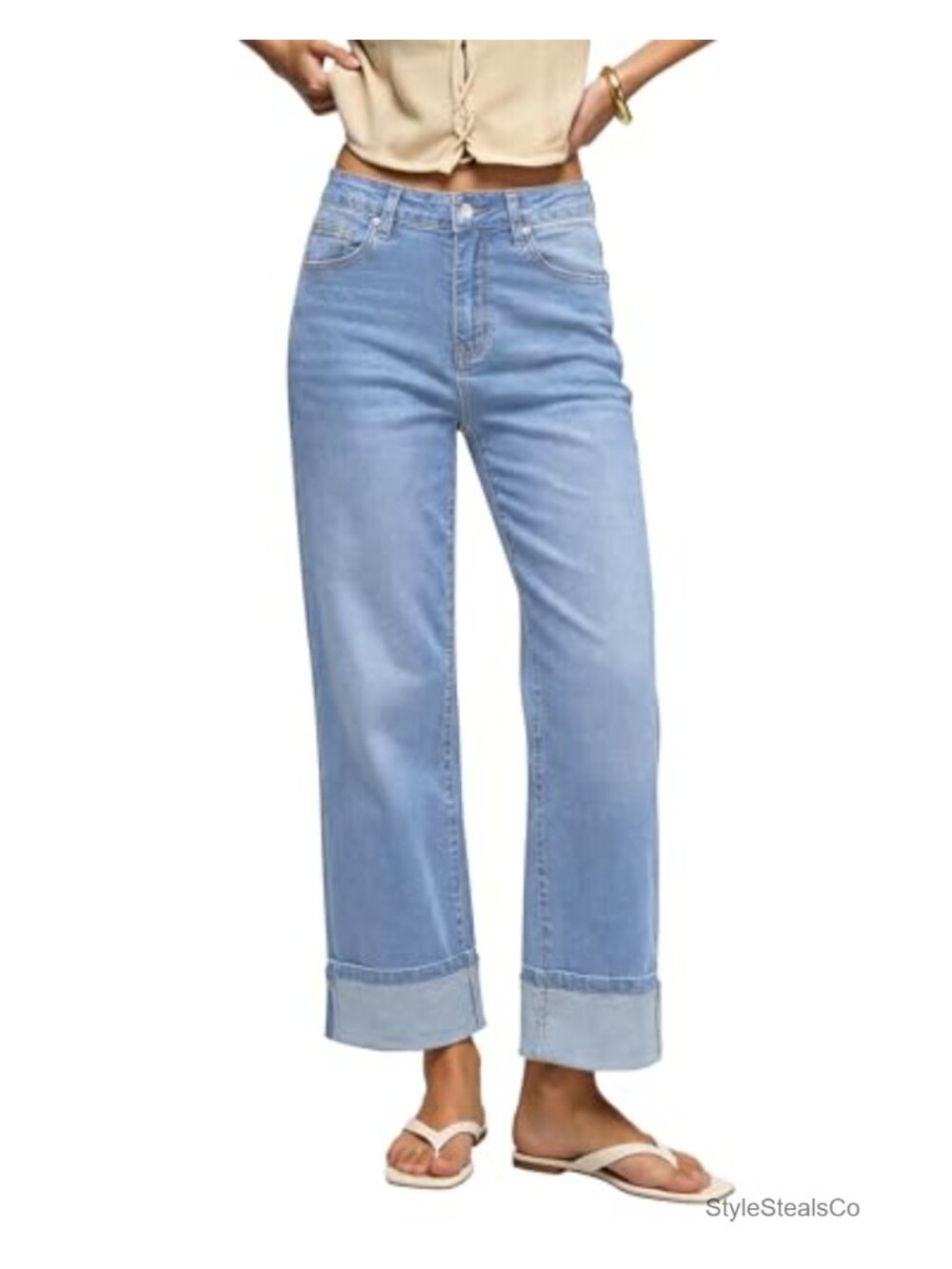 Wide Leg High Waisted Cuffed Hem Stretchy Denim Jeans Trousers Work Casual Pants